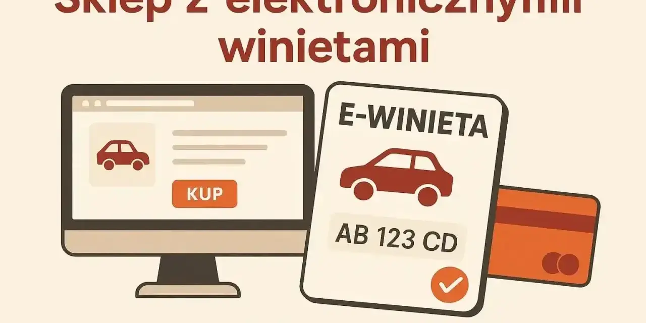 Kupuj elektroniczne winiety na Słowację online. Komputer z przyciskiem "KUP", e-winieta z numerem rejestracyjnym i karta płatnicza.