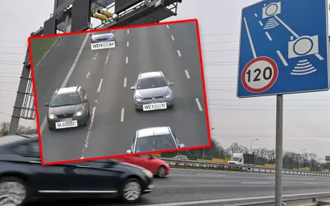Znak ograniczenia prędkości do 120 km/h i fotoradar. Na nagraniu z kamery widać samochody na drodze, które mogą otrzymać mandat z fotoradaru.