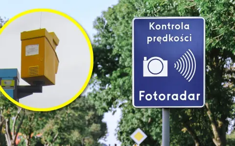 Żółty fotoradar na słupie, obok niebieskiej skrzynki z napisem "Obiekt monitorowany". Znak "Kontrola prędkości Fotoradar" ostrzega kierowców.