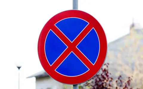 Znak drogowy: zakaz parkowania. Czerwone koło z niebieskim tłem i dwoma czerwonymi skrzyżowanymi pasami.