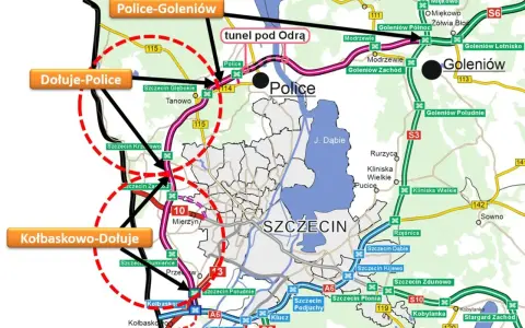 Mapa zachodniej obwodnicy Szczecina z zaznaczonym tunelem pod Odrą, drogami S3, S6, A6 i innymi trasami.