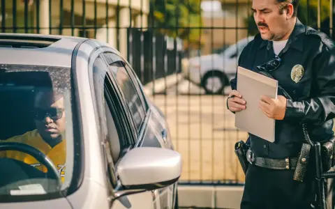 Policjant wręcza kierowcy mandat za kolizję. Mężczyzna w okularach przeciwsłonecznych siedzi w samochodzie.