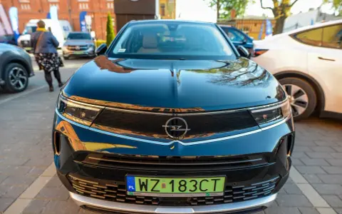 Czarny Opel z zieloną tablicą rejestracyjną WZ 183CT na tle innych samochodów.