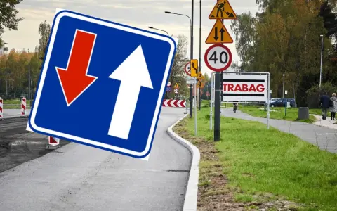 Znak D5 informuje o ruchu jednokierunkowym, ale tu strzałka w dół sugeruje objazd.