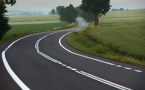 Zakręt drogi z podwójną ciągłą linią, gdzie wyprzedzanie jest zabronione. Pola i drzewa w tle.