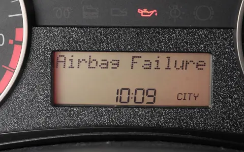 Na desce rozdzielczej świeci się kontrolka poduszki powietrznej z napisem "Airbag Failure". Obok widnieje godzina 10:09 i napis CITY.