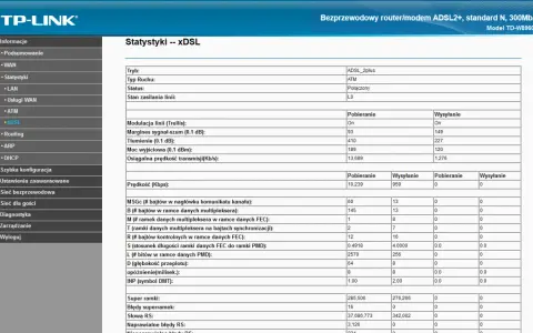 Statystyki xDSL: Połączenie aktywne, prędkość pobierania 10239 Kbps, wysyłania 959 Kbps. SR rejestracja danych.