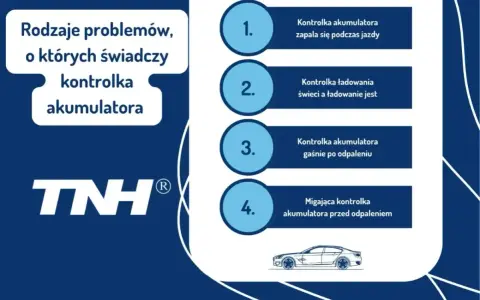 Rodzaje problemów, o których świadczy kontrolka akumulatora: zapala się podczas jazdy, gaśnie po odpaleniu, miga przed odpaleniem.