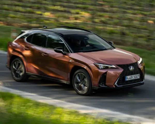 Miedziany Lexus UX 300h sunie po krętej drodze wśród zieleni.