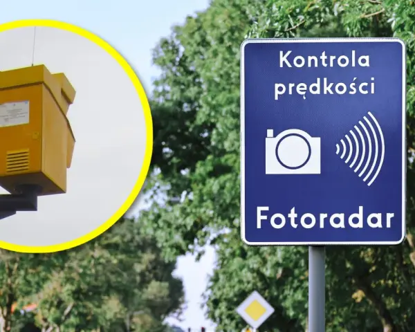 Żółty fotoradar na słupie, obok niebieskiej skrzynki z napisem "Obiekt monitorowany". Znak "Kontrola prędkości Fotoradar" ostrzega kierowców.