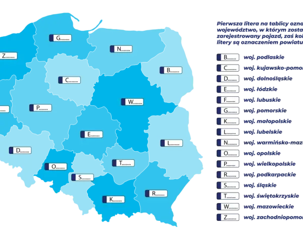 Mapa Polski z literami oznaczającymi województwa i powiaty, klucz do rlu rejestracja.