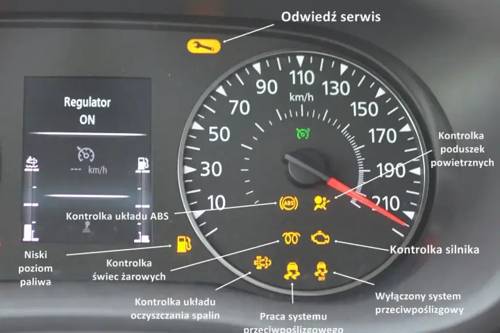 Na desce rozdzielczej świeci się kontrolka trakcji, obok kontrolki silnika i ABS.