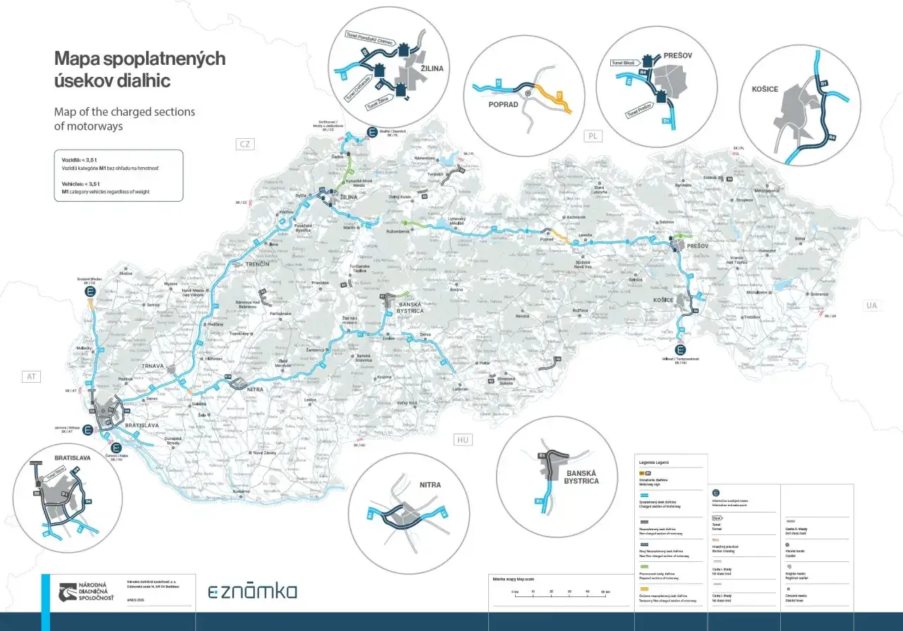 Mapa spoplatnených úsekov diaľnic na Slovensku. Zobrazuje diaľnice s označením, ktoré úseky sú spoplatnené a ktoré nie.