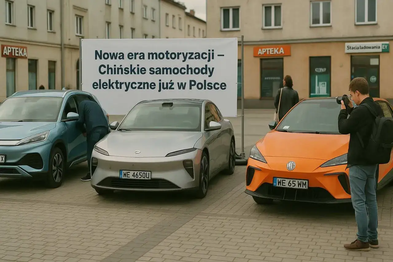 Trzy elektryczne samochody, w tym pomarańczowy i srebrny, prezentowane na tle banera o chińskich autach. Fotoreporter dokumentuje wydarzenie.
