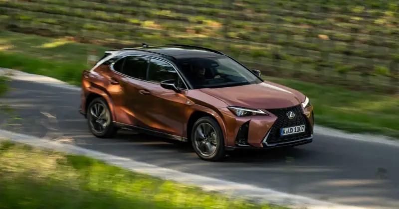 Miedziany Lexus UX 300h sunie po krętej drodze wśród zieleni.