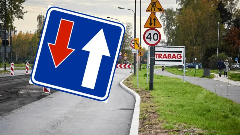 Znak D5 informuje o ruchu jednokierunkowym, ale tu strzałka w dół sugeruje objazd.
