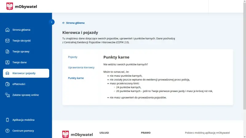 Sprawdź swoje punkty karne w aplikacji mObywatel. Dowiedz się, dlaczego możesz ich nie widzieć.